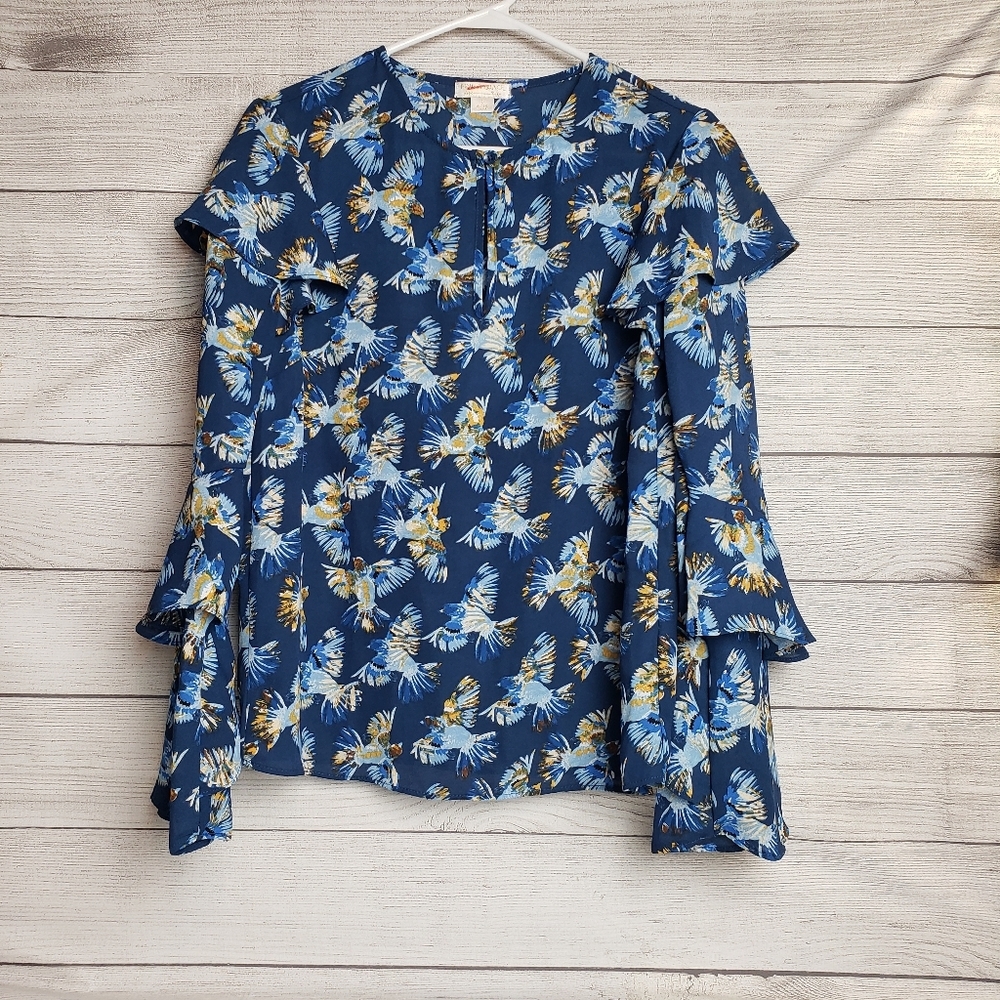 Women's Finn & Grace Flying Blue Birds Ruffled Boho Shirt‎ Sz S
